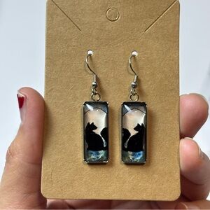 Simple Cat Silhouette on Moon Women’s Dangle Fashion Earrings, Gift for Cat Mom